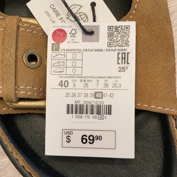 Zara Brown Leather Buckled Flat Sandals, size 9 - Picture 8 of 9